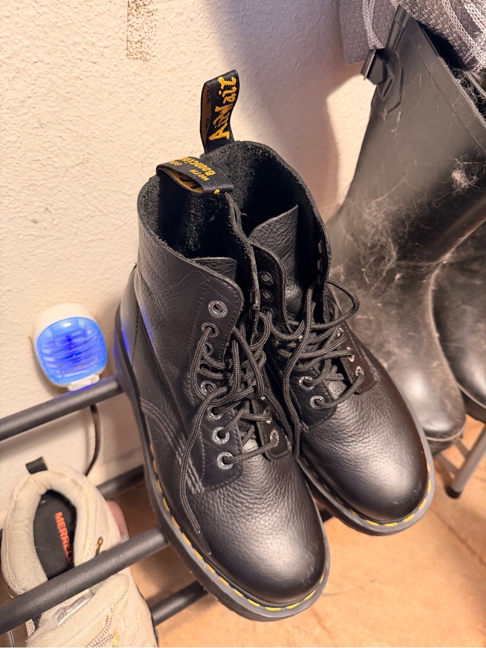 Platform Black Lace-Up Leather Boots with Yellow Stitching - Dr. Martens